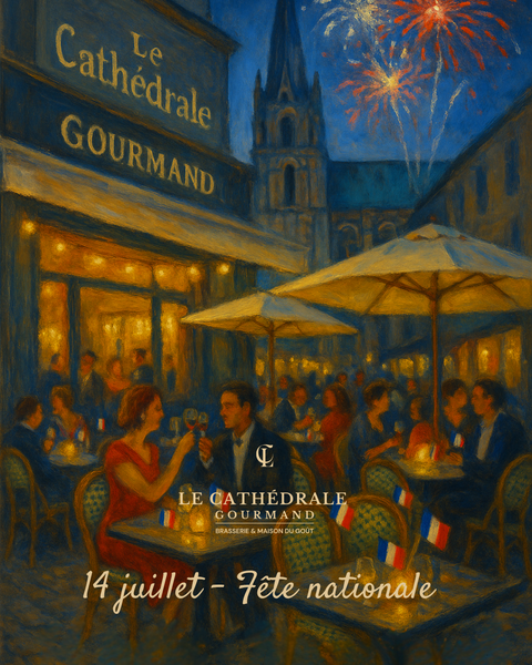 Illustration d’une terrasse animée de nuit chez Le Cathédrale Gourmand, avec des clients célébrant le 14 juillet sous des feux d’artifice et des lumières chaleureuses.