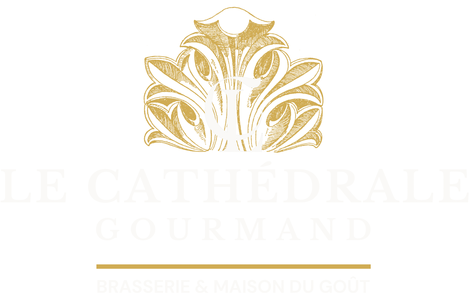 Logo doré Le Cathédrale Gourmand avec ornement élégant pour carte de visite et identité visuelle
