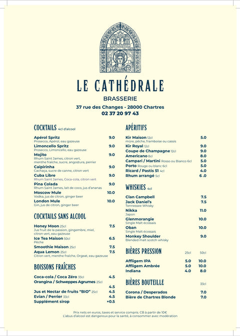 Carte des vins et menu de Le Cathédrale Brasserie à Chartres – vins, plats français, desserts et cocktails.