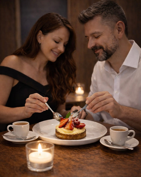 Dîner romantique de la Saint-Valentin à Chartres au restaurant Le Cathédrale Gourmand – couple partageant un dessert dans une ambiance chaleureuse et élégante.