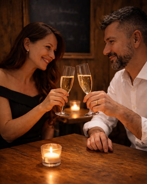 Couple célébrant la Saint-Valentin à Chartres autour d’un dîner romantique au restaurant Le Cathédrale Gourmand, trinquant au champagne dans une ambiance élégante.
